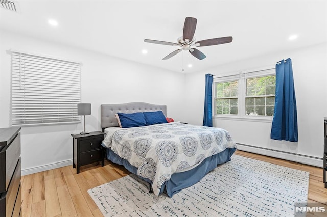 4 Kimberly Way, River Edge, NJ 07661 - bedroom with a baseboard radiator, light wood-style floors, recessed lighting, and a ceiling fan