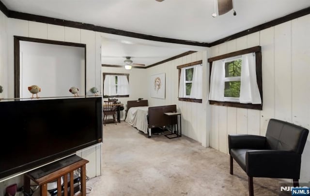 202 Linden Ave, Verona, NJ 07044 - living room featuring light colored carpet, ornamental molding, and ceiling fan