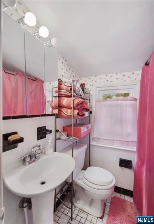202 Linden Ave, Verona, NJ 07044 - bathroom featuring toilet, vaulted ceiling, and a sink