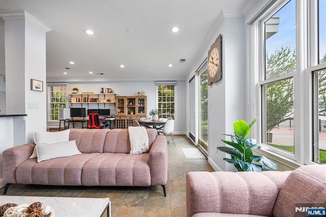 41 Lydia Dr Unit 41, West New York, NJ 07093 - living room with recessed lighting, stone finish floors, ornamental molding, baseboards, and an office area