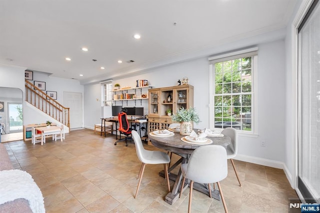41 Lydia Dr Unit 41, West New York, NJ 07093 - dining room with crown molding, recessed lighting, stairs, baseboards, and a desk