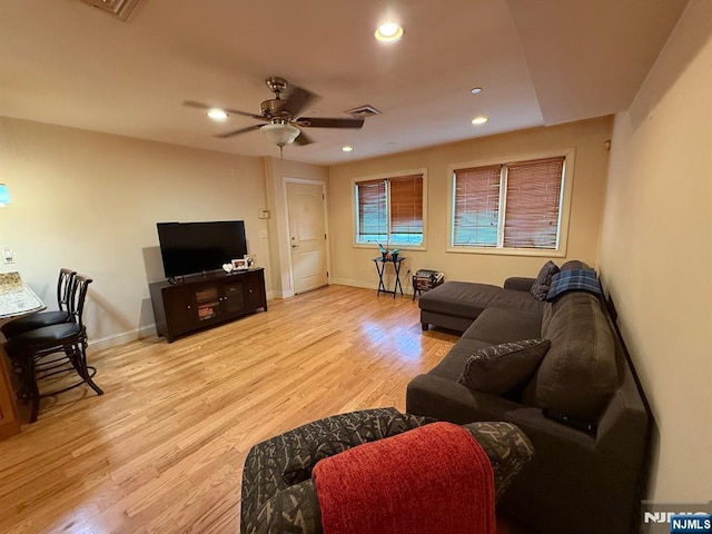 124 68th St Unit 204, Guttenberg, NJ 07093 - living room featuring a ceiling fan, light wood finished floors, baseboards, and recessed lighting