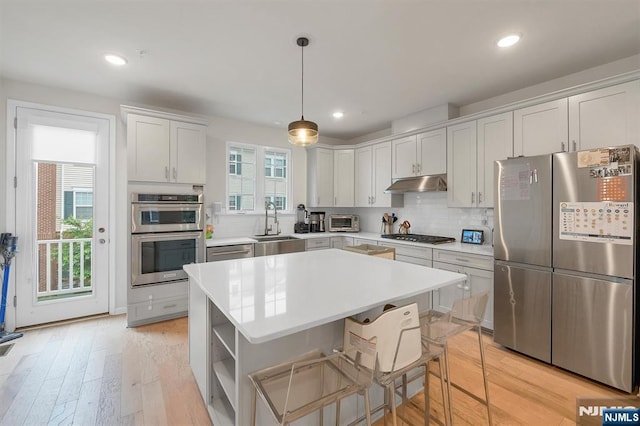 83 Landmark Ln, Fair Lawn, NJ 07410 - kitchen featuring stainless steel appliances, under cabinet range hood, a sink, light countertops, and light wood finished floors
