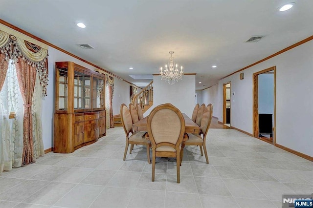 238 E Johnson Ave, Bergenfield, NJ 07621 - dining area with a chandelier, ornamental molding, recessed lighting, baseboards, and light tile patterned floors