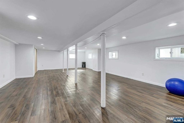 238 E Johnson Ave, Bergenfield, NJ 07621 - below grade area featuring dark wood-type flooring, baseboards, healthy amount of natural light, and recessed lighting