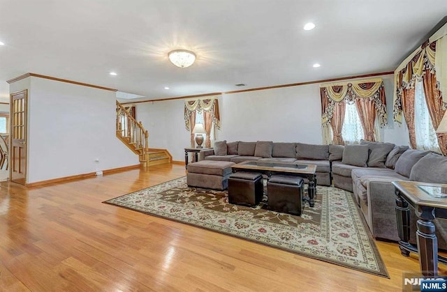238 E Johnson Ave, Bergenfield, NJ 07621 - living room featuring stairway, crown molding, wood finished floors, baseboards, and recessed lighting