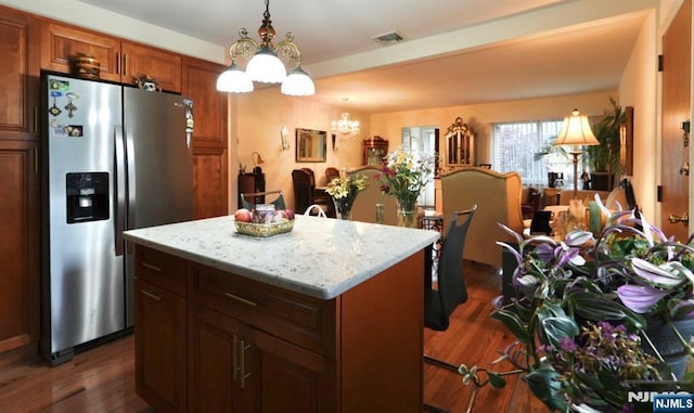 300 Mohegan Way, Fort Lee, NJ 07024 - kitchen featuring stainless steel refrigerator with ice dispenser, a chandelier, dark wood-style floors, and brown cabinetry