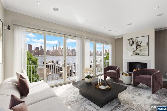 443 Albany Ct Unit 443, West New York, NJ 07093 - living room with a skyline view, a water view, a lit fireplace, ornamental molding, and recessed lighting