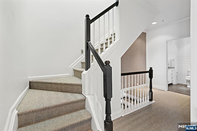 443 Albany Ct Unit 443, West New York, NJ 07093 - stairs featuring carpet flooring, recessed lighting, ornamental molding, and baseboards