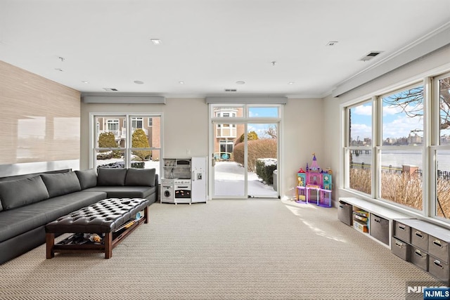 443 Albany Ct Unit 443, West New York, NJ 07093 - living room featuring light carpet, ornamental molding, and a water view