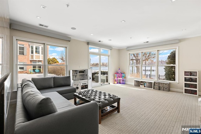 443 Albany Ct Unit 443, West New York, NJ 07093 - living room featuring crown molding, baseboards, carpet floors, a water view, and recessed lighting