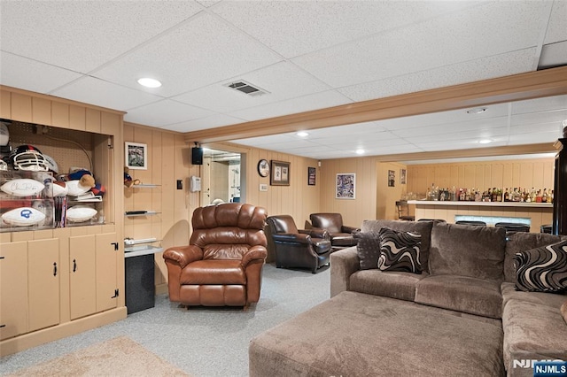 33 Irwin Pl, Bloomfield, NJ 07003 - living area featuring a paneled ceiling, recessed lighting, and wooden walls