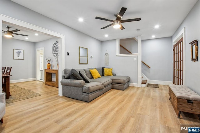 24 Willet, Bloomfield, NJ 07003 - living room featuring ceiling fan, wood finished floors, stairway, recessed lighting, and baseboards