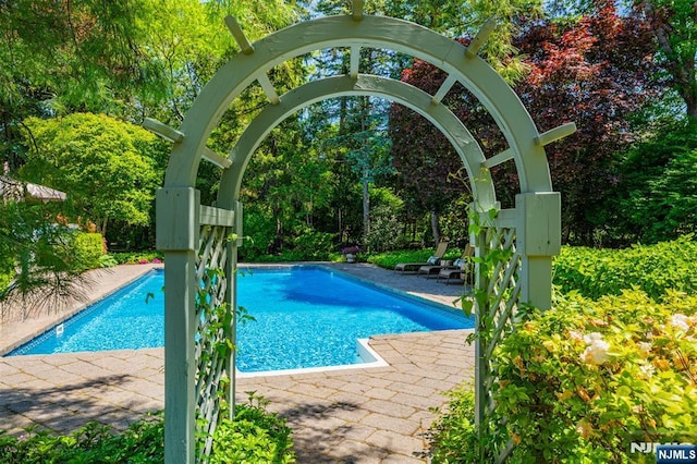 2 Olde Lantern Ct, Montvale, NJ 07645 - outdoor pool with a patio and view of scattered trees
