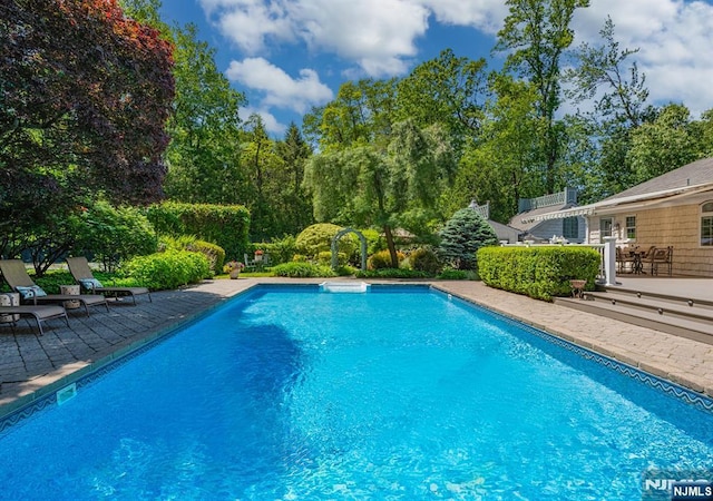 2 Olde Lantern Ct, Montvale, NJ 07645 - swimming pool featuring a patio and view of wooded area