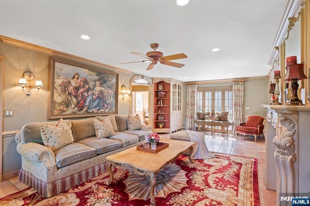 2 Olde Lantern Ct, Montvale, NJ 07645 - living room featuring ornamental molding, ceiling fan, light tile patterned floors, recessed lighting, and baseboards