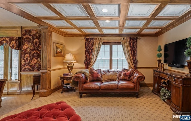 2 Olde Lantern Ct, Montvale, NJ 07645 - living area with light colored carpet, baseboards, and crown molding