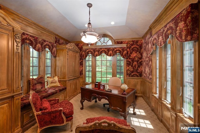 2 Olde Lantern Ct, Montvale, NJ 07645 - home office with healthy amount of natural light, a wainscoted wall, and light colored carpet