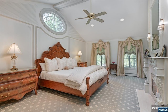 2 Olde Lantern Ct, Montvale, NJ 07645 - carpeted bedroom featuring beam ceiling, a baseboard heating unit, ceiling fan, and high vaulted ceiling