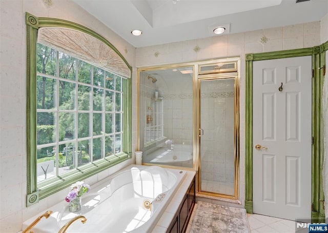 2 Olde Lantern Ct, Montvale, NJ 07645 - full bath with a jetted tub, a shower stall, healthy amount of natural light, and tile patterned floors