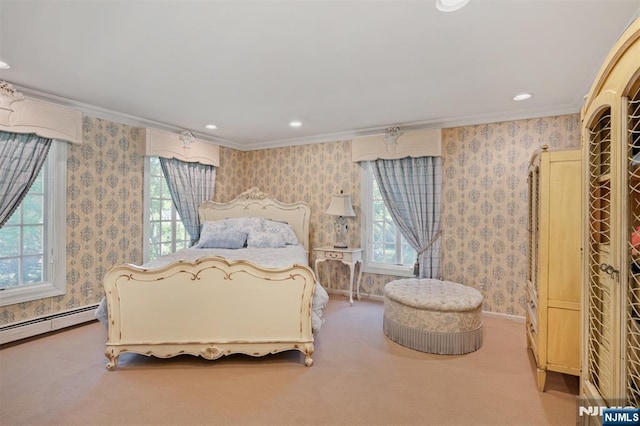 2 Olde Lantern Ct, Montvale, NJ 07645 - carpeted bedroom with wallpapered walls, ornamental molding, multiple windows, recessed lighting, and baseboard heating