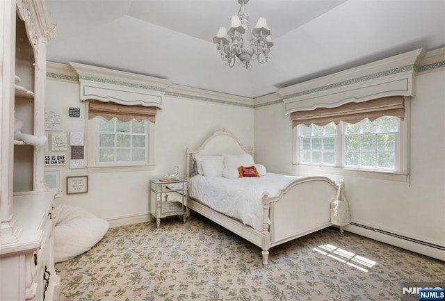 2 Olde Lantern Ct, Montvale, NJ 07645 - carpeted bedroom with a chandelier, baseboard heating, crown molding, and baseboards