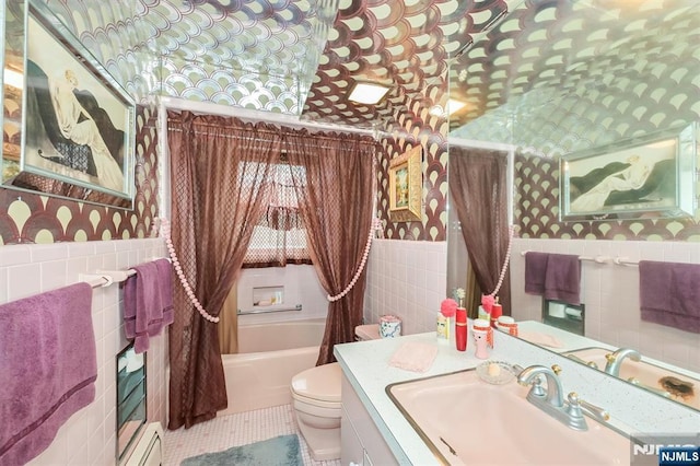 379 Mauro Rd, Englewood Cliffs, NJ 07632 - bathroom with tile walls, wallpapered walls, vanity, tile patterned floors, and shower / bath combo with shower curtain