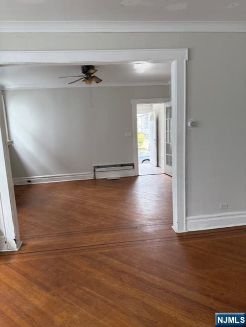 457 7th St, Newark, NJ 07107 - empty room with ornamental molding, ceiling fan, baseboard heating, baseboards, and wood finished floors