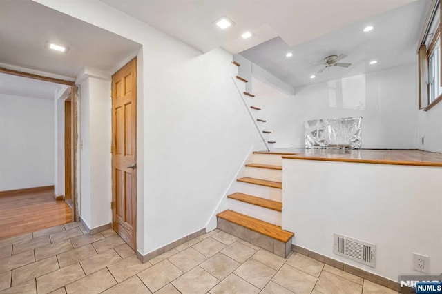 8 Carlisle Ct, Edison, NJ 08817 - staircase with recessed lighting, a ceiling fan, tile patterned flooring, and baseboards