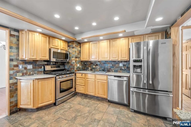 8 Carlisle Ct, Edison, NJ 08817 - kitchen with appliances with stainless steel finishes, light brown cabinetry, backsplash, light countertops, and recessed lighting