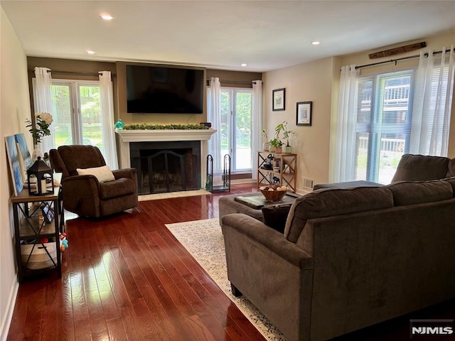 25 Osprey Unit G310, Hackettstown, NJ 07840 - living room with a fireplace with flush hearth, dark wood-type flooring, plenty of natural light, and recessed lighting