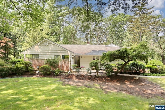 5 Brookview Ter, Hillsdale, NJ 07642 - ranch-style home featuring a front yard, a chimney, brick siding, and roof with shingles