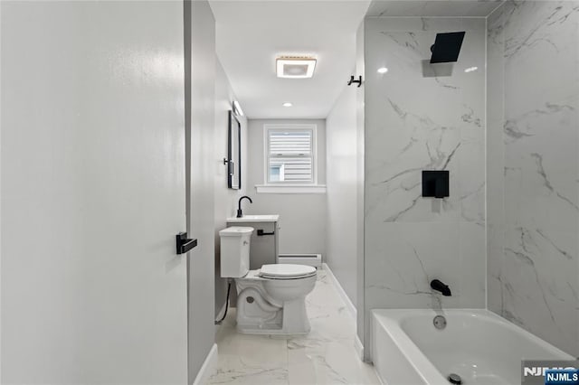 190 Washington Ave, Hackensack, NJ 07601 - full bathroom with marble finish flooring, toilet, baseboard heating, baseboards, and shower / tub combination