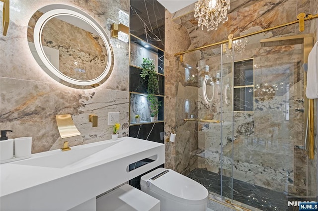 254 Springfield Ave, Rutherford, NJ 07070 - full bathroom with tile walls, a marble finish shower, toilet, and vanity