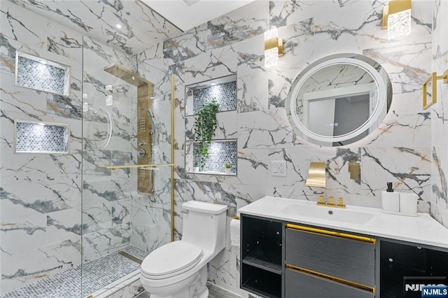 254 Springfield Ave, Rutherford, NJ 07070 - bathroom with vanity, a marble finish shower, tile walls, and toilet