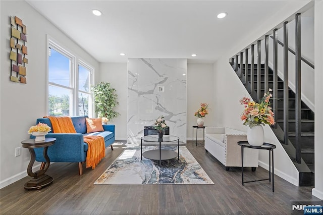 254 Springfield Ave, Rutherford, NJ 07070 - living room featuring recessed lighting, stairway, wood finished floors, and baseboards