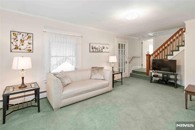 99 Comly Rd, Lincoln Park Borough, NJ 07035 - carpeted living area with stairway, ornamental molding, and a baseboard radiator