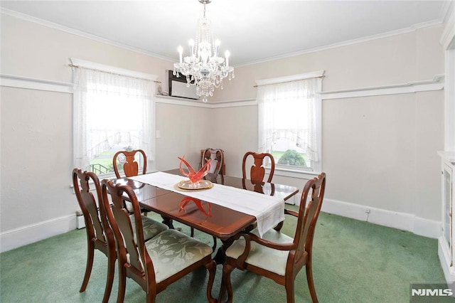 99 Comly Rd, Lincoln Park Borough, NJ 07035 - dining room featuring carpet flooring, a chandelier, ornamental molding, and baseboards