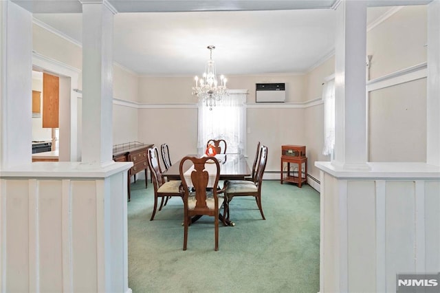 99 Comly Rd, Lincoln Park Borough, NJ 07035 - dining room with carpet floors, ornate columns, a chandelier, crown molding, and an AC wall unit