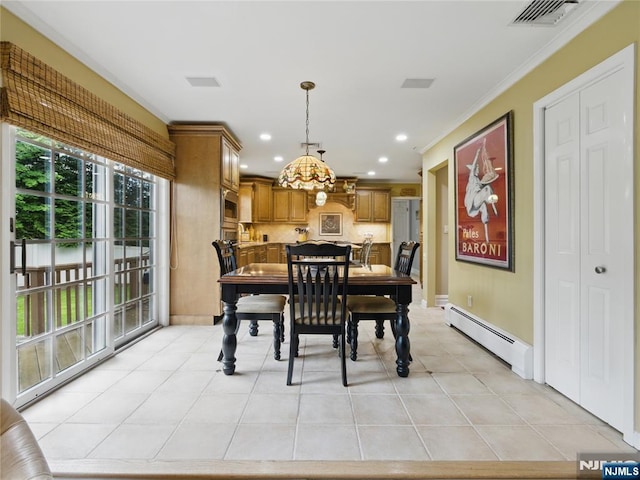 20 Tuxedo Ave, Park Ridge, NJ 07656 - dining area with a baseboard radiator, a chandelier, recessed lighting, ornamental molding, and light tile patterned floors