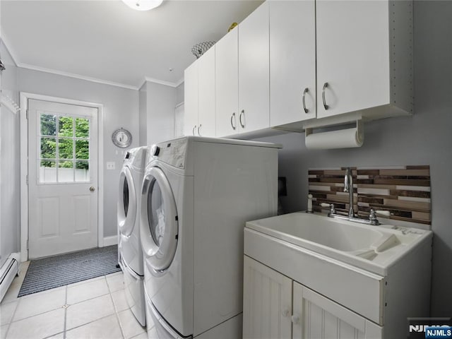 20 Tuxedo Ave, Park Ridge, NJ 07656 - washroom with cabinet space, washer and clothes dryer, light tile patterned floors, and ornamental molding