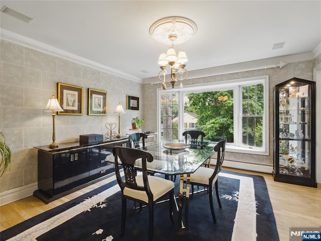 20 Tuxedo Ave, Park Ridge, NJ 07656 - dining room featuring ornamental molding, light wood-style flooring, a baseboard radiator, and a chandelier
