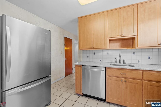 9 Rutan Pl, Bloomfield, NJ 07003 - kitchen featuring appliances with stainless steel finishes, a sink, light tile patterned flooring, open shelves, and decorative backsplash