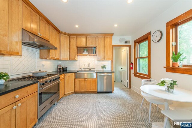 27 Nassau Rd, Montclair, NJ 07043 - kitchen with stainless steel appliances, a sink, under cabinet range hood, dark countertops, and decorative backsplash