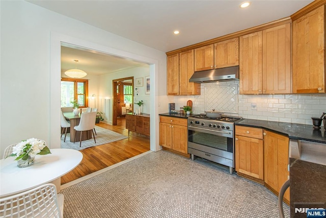 27 Nassau Rd, Montclair, NJ 07043 - kitchen featuring under cabinet range hood, stainless steel gas stove, decorative backsplash, recessed lighting, and brown cabinets