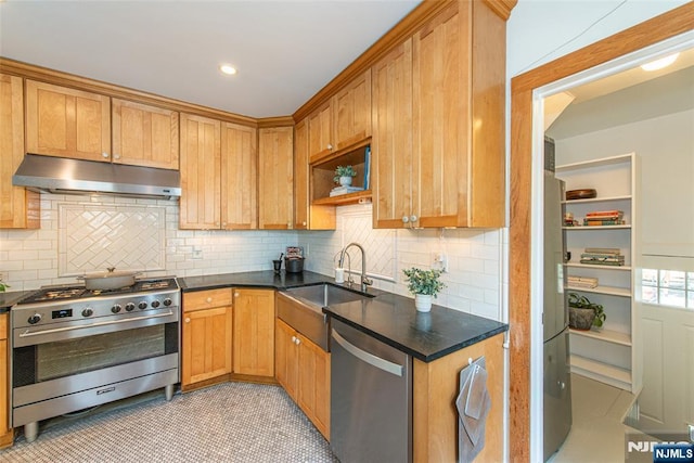 27 Nassau Rd, Montclair, NJ 07043 - kitchen featuring appliances with stainless steel finishes, under cabinet range hood, open shelves, and tasteful backsplash