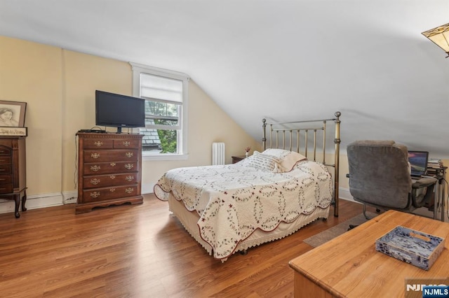 74 Oakdene Ave, Cliffside Park, NJ 07010 - bedroom featuring radiator heating unit, wood finished floors, and vaulted ceiling