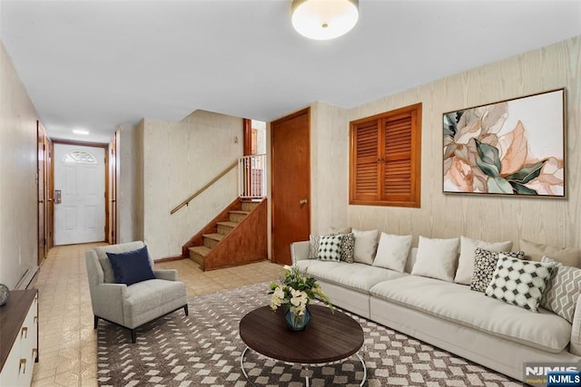 3 Gregory Ter, Belleville, NJ 07109 - living room with a baseboard radiator, stairs, and wood walls