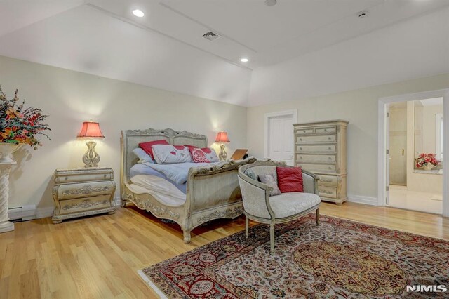 245 Forest Ave, Emerson, NJ 07630 - bedroom featuring vaulted ceiling, wood finished floors, baseboard heating, baseboards, and recessed lighting