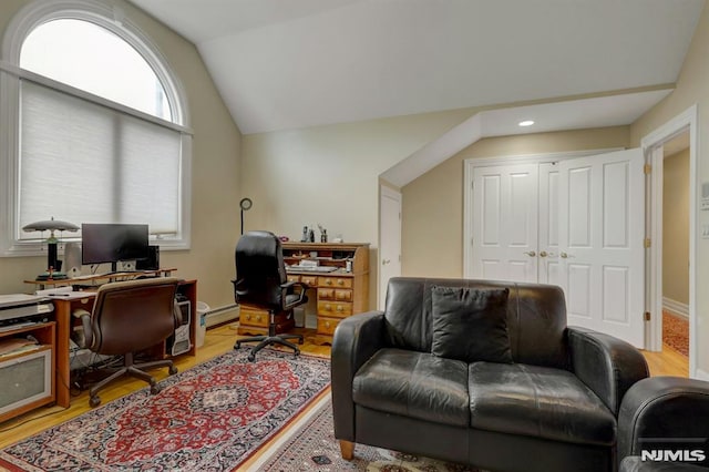 245 Forest Ave, Emerson, NJ 07630 - office with a baseboard radiator, vaulted ceiling, light wood-type flooring, recessed lighting, and baseboards